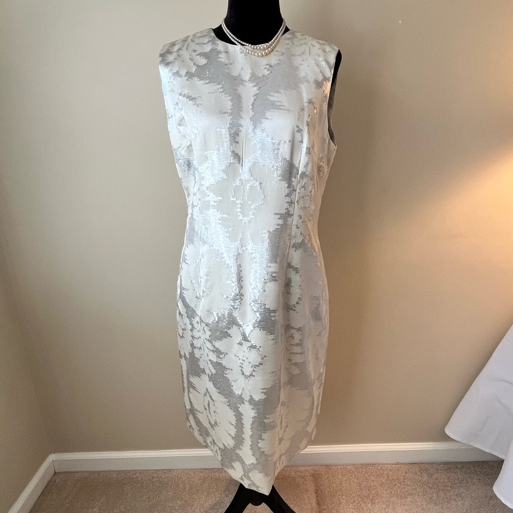 Talbots Silver and Cream Sheath Midi Cocktail Dress